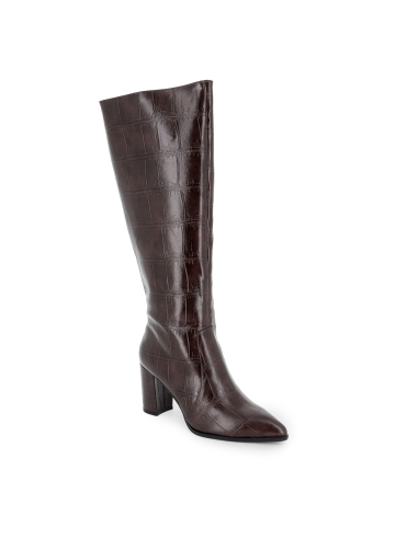 Bota alta efecto cocodrilo con tacon y cremallera mujer marron