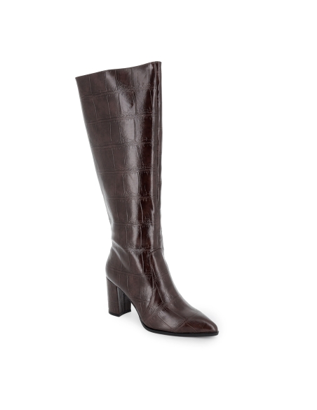 Bota alta efecto cocodrilo con tacon y cremallera mujer marron