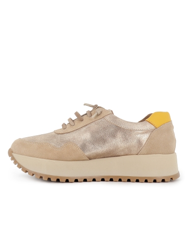 Deportiva piel efecto metal cordones elasticos mujer beige