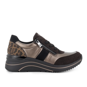 Deportiva piel cuña media cremallera mujer dorado y leopardo
