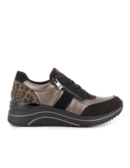 Deportiva piel cuña media cremallera mujer dorado y leopardo