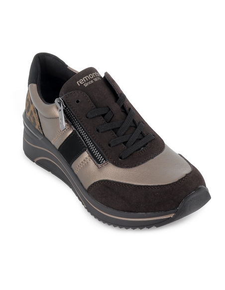 Deportiva piel cuña media cremallera mujer dorado y leopardo