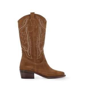 Bota caña cow-boy piel bordados tacón medio mujer marrón