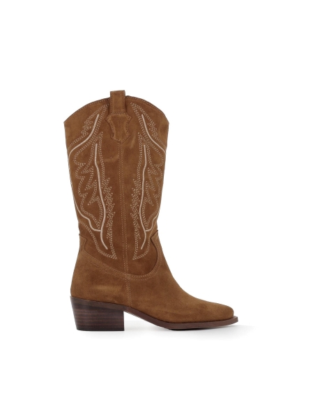 Bota caña cow-boy piel bordados tacón medio mujer marrón