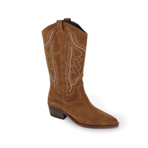 Bota caña cow-boy piel bordados tacón medio mujer marrón 2
