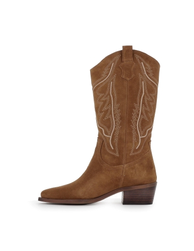 Bota caña cow-boy piel bordados tacón medio mujer marrón