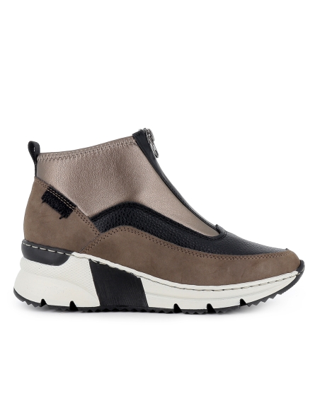 Botin cuña media licra y piel comodo mujer marron