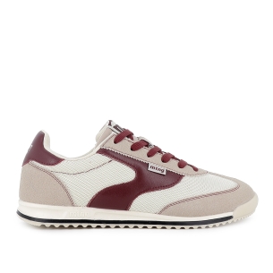 Deportiva piel serraje combi con cordones plano mujer beige y rojo