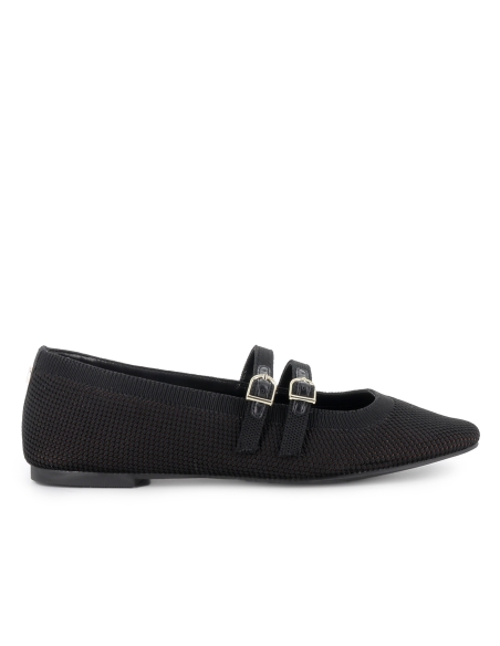 Zapato 2 correas textil vestir horma redonda plano mujer negro