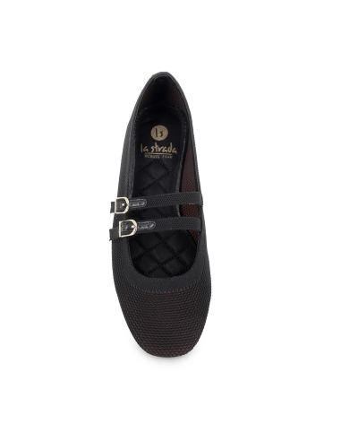 Zapato 2 correas textil vestir horma redonda plano mujer negro