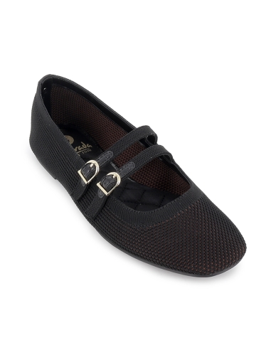 Zapato 2 correas textil vestir horma redonda plano mujer negro
