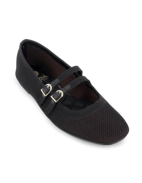 Zapato 2 correas textil vestir horma redonda plano mujer negro
