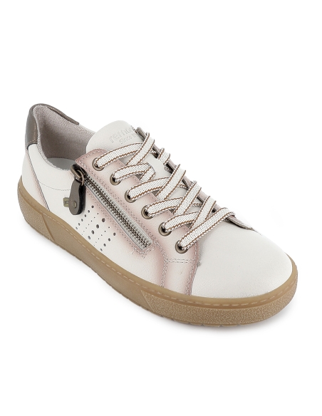 Zapato cordones piel y cremallera suela caramelo mujer blanco