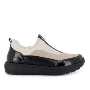 Zapato elastico licra y charol cremallera comodo mujer beige