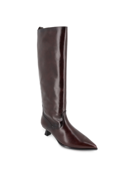 Bota alta vestir piel con tacon carrete 4cm cremallera mujer moka