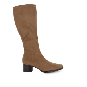 Bota alta licra tacon recto bajo horma redonda mujer beige
