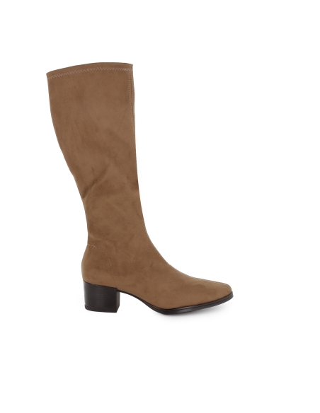 Bota alta licra tacon recto bajo horma redonda mujer beige