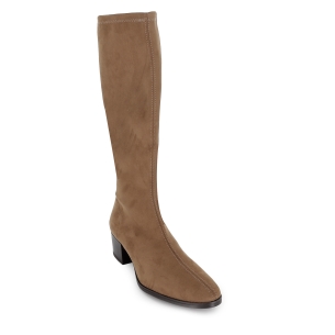 Bota alta licra tacon recto bajo horma redonda mujer beige 2