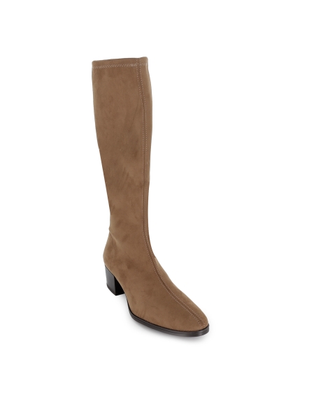 Bota alta licra tacon recto bajo horma redonda mujer beige