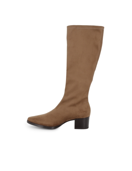 Bota alta licra tacon recto bajo horma redonda mujer beige