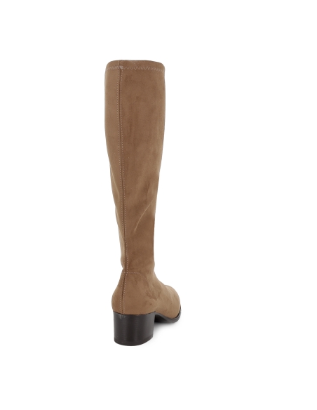 Bota alta licra tacon recto bajo horma redonda mujer beige