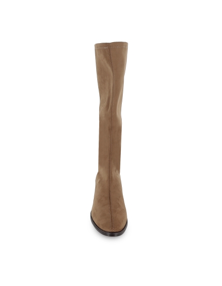 Bota alta licra tacon recto bajo horma redonda mujer beige