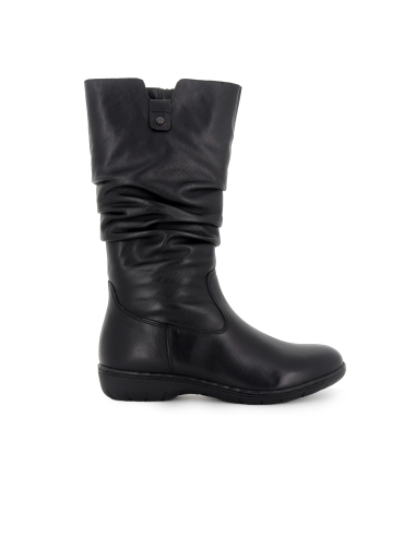 Bota piel caña arrugada cremallera cuña baja mujer negro