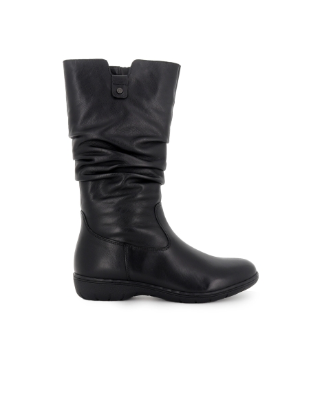 Bota piel caña arrugada cremallera cuña baja mujer negro