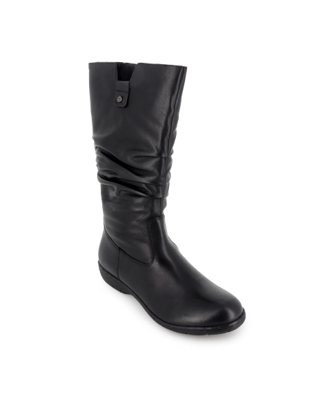 Bota piel caña arrugada cremallera cuña baja mujer negro