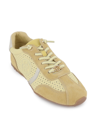Deportivas piel calada cordones elasticos piso fino mujer amarillo
