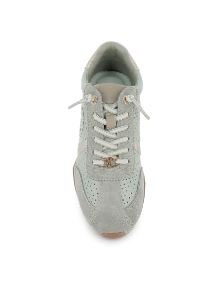 Deportivas piel calada cordones elasticos piso fino mujer kaki