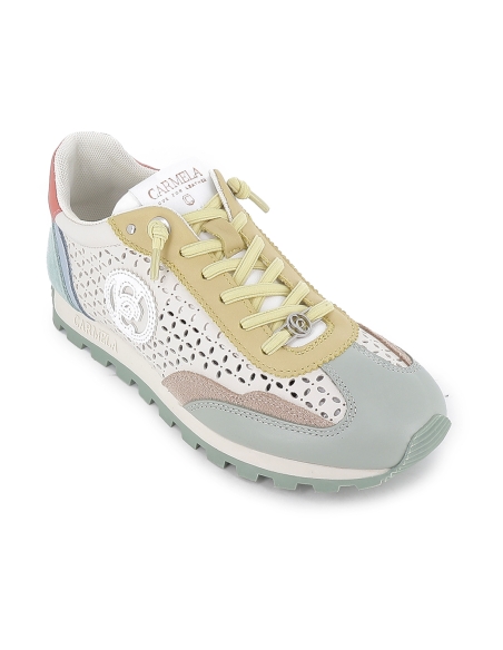 Zapato piel calados cordones elasticos piso dentado mujer beige